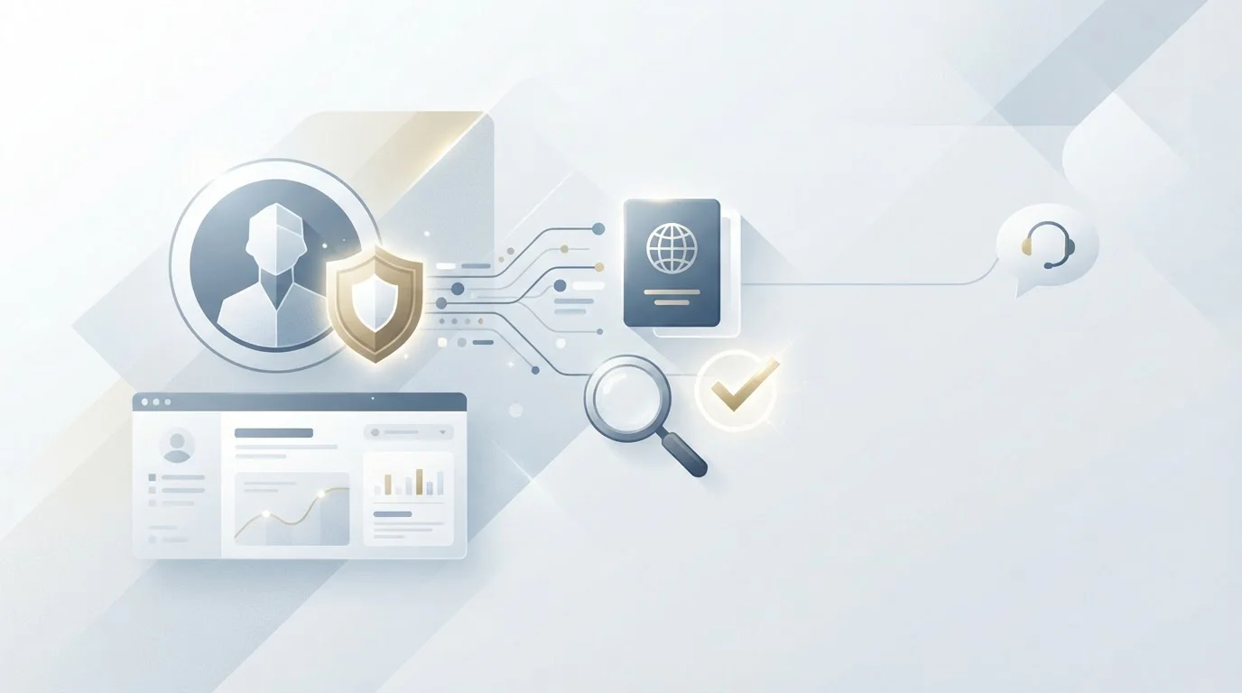 Illustration einer digitalen Identitätsprüfung mit Dokument und Prüfsymbol